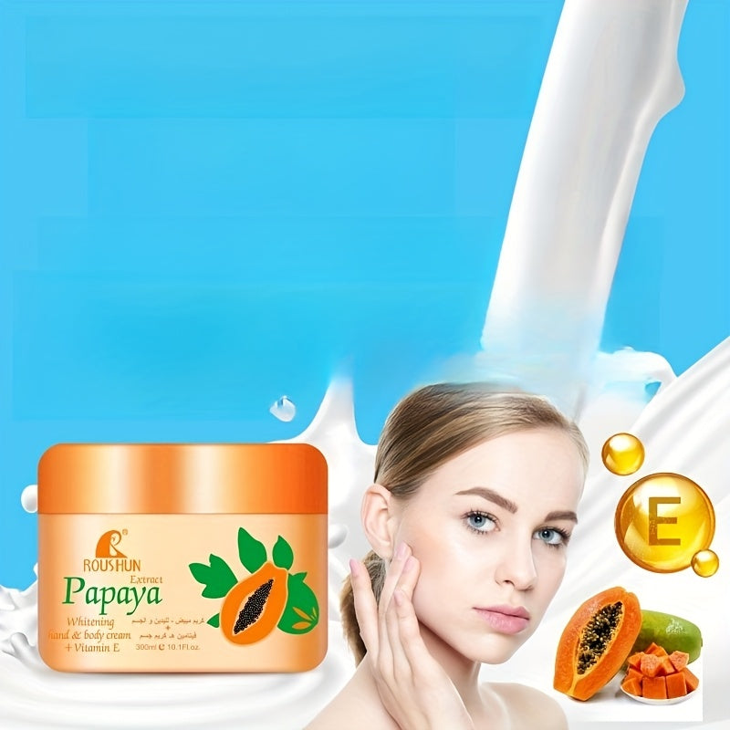 ROUSHUN Papaya Face and Body Cream with Vitamin E, moisturizing cream in a 10.14oz jar, showing the product container and label.
