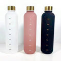 Showlu 1L motivational water bottle with time markers, leakproof frosted plastic, BPA-free, ideal for fitness, sports, and travel.