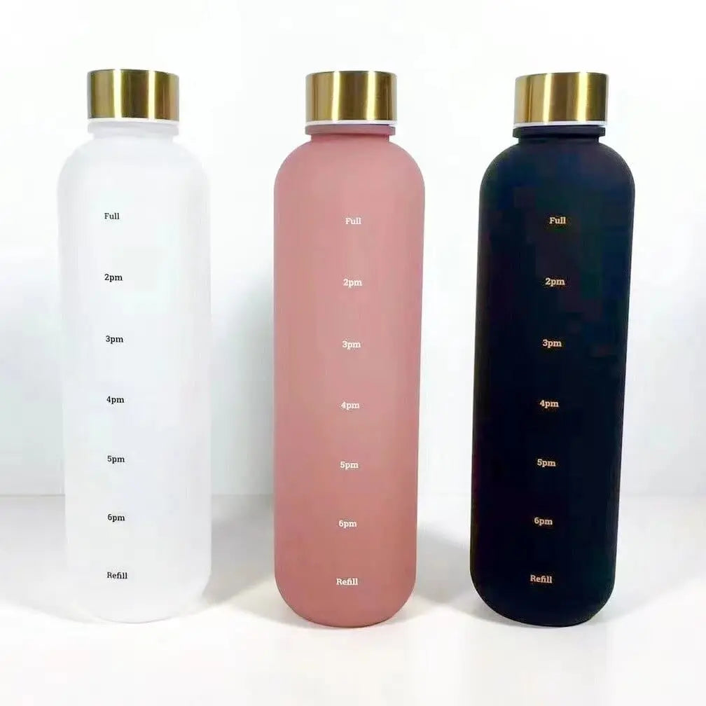 Showlu 1L motivational water bottle with time markers, frosted plastic, leakproof design, BPA-free, ideal for sports and outdoor use