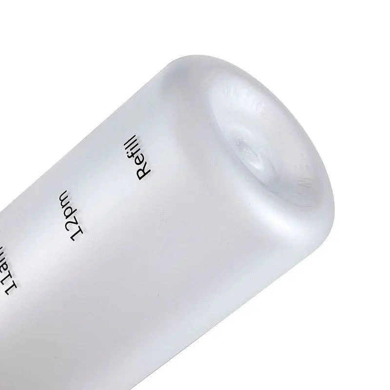 Showlu 1L motivational water bottle with time markers, frosted plastic, leakproof design, ideal for fitness, sports, and travel.