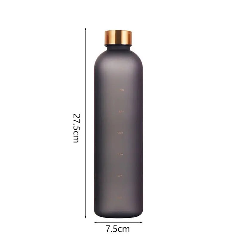 Showlu 1L motivational water bottle with time markers, leakproof frosted plastic, BPA-free, ideal for fitness, sports, and travel.