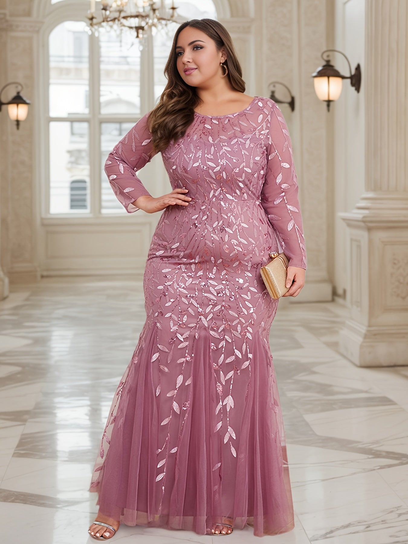 Plus size sequin floral mermaid dress with shawl by Showlu Fashion, featuring shimmering sequins and elegant floral details.