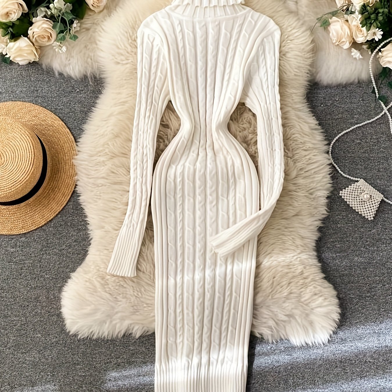 SHOWLU FASHION women's high-neck ribbed knit long sleeve sweater dress displayed on a model, showcasing its fitted silhouette and cozy fabric.