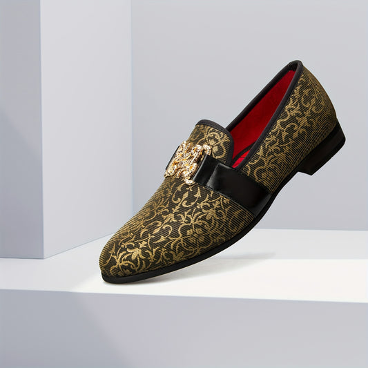 [Floral Pattern Loafers] Elegant Slip-On Loafers - Comfortable Floral Pattern Shoes with Golden Buckle, Black and Red Accents - Perfect for Parties & Streetwear