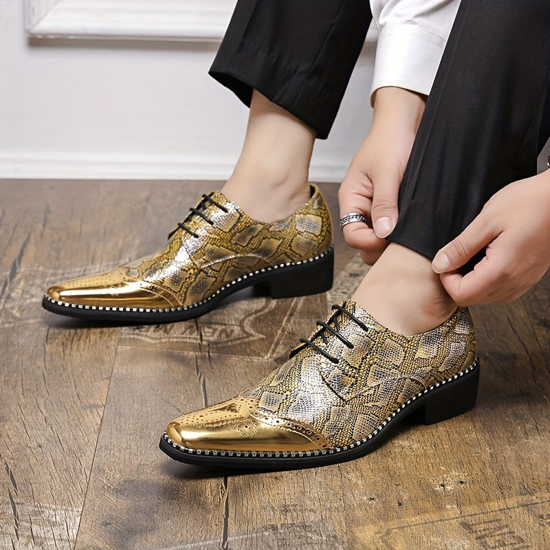 SHOWLU FASHION men's golden diamond pattern brogue loafers with pointed toes, stylish leather shoes for formal or casual wear.