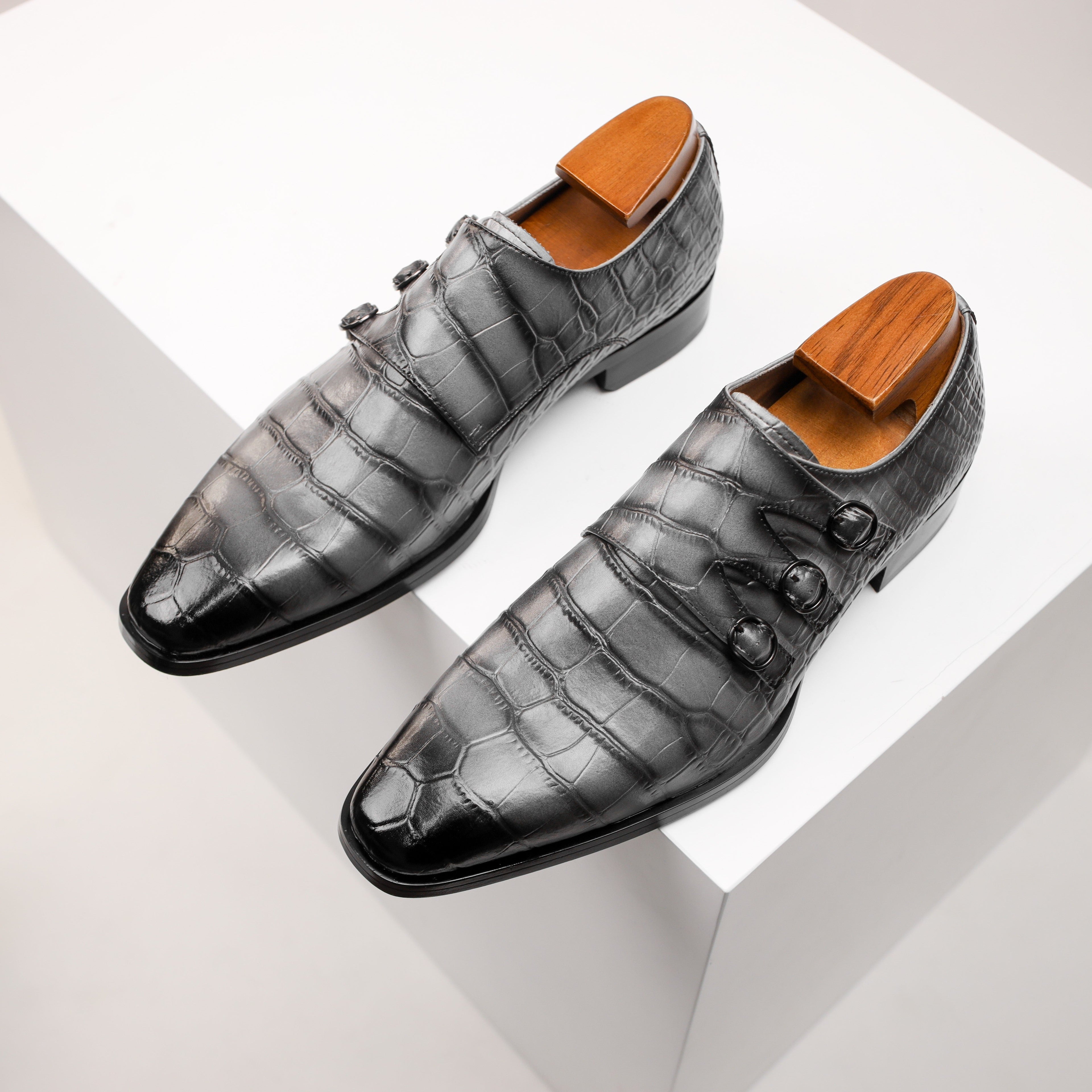 SHOWLU Men's Monk Strap Oxfords in split cow leather with square toe, stylish dress shoes for formal or business wear