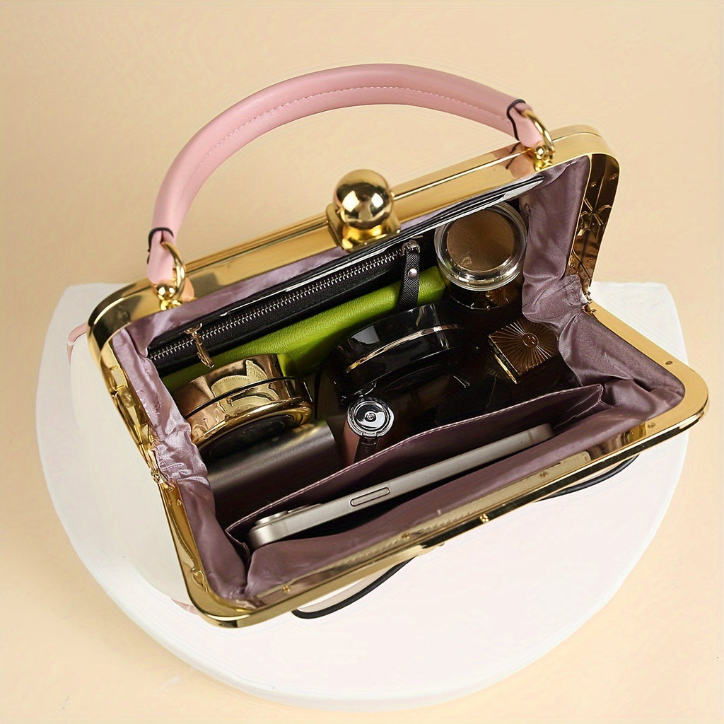 SHOWLU Polka Dot Patent Leather Handbag with Bow and Kiss Lock Closure, stylish accessory with a playful design and elegant details.