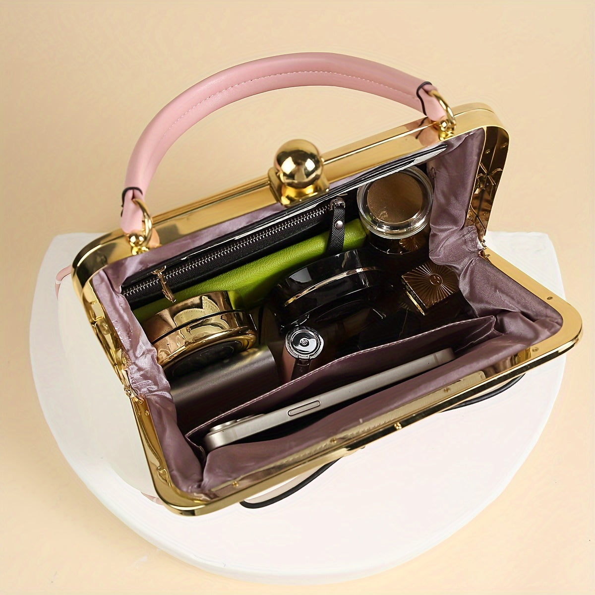 SHOWLU Polka Dot Patent Leather Handbag with Bow and Kiss Lock Closure, stylish accessory with a playful design and elegant details.