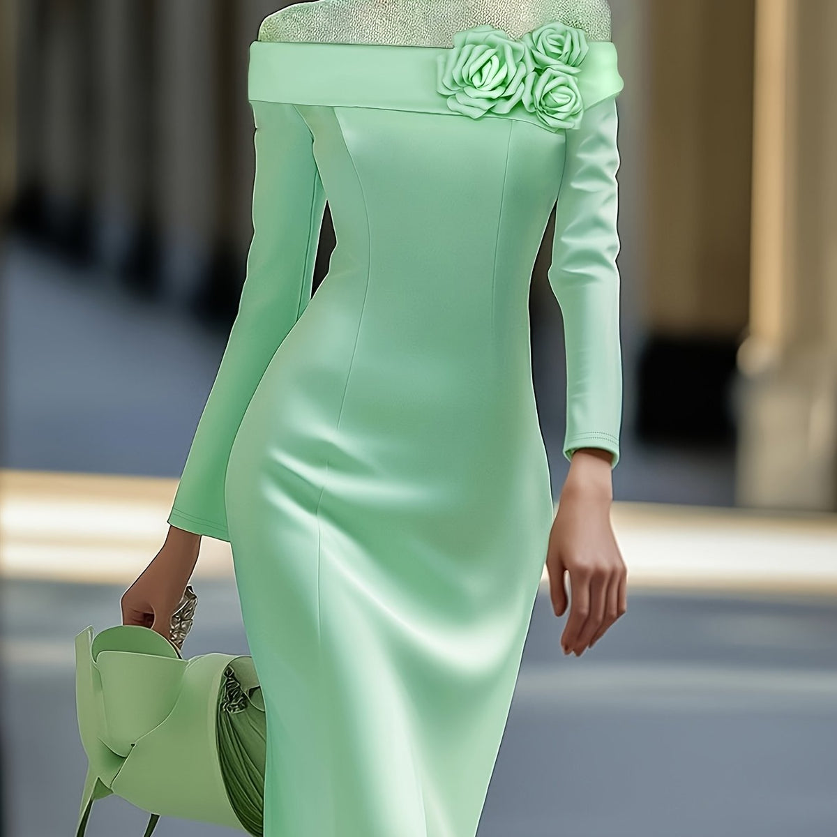 [Mint Green Dress] Polyester Elegant Mint Green Off-Shoulder Long Sleeve Bodycon Dress | Floral Embellishments, Perfect for Adult Women, All-Season Wear, Formal Evening Gown