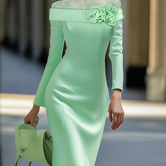 [Mint Green Dress] Polyester Elegant Mint Green Off-Shoulder Long Sleeve Bodycon Dress | Floral Embellishments, Perfect for Adult Women, All-Season Wear, Formal Evening Gown