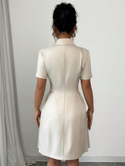 Women'S Elegant French-Inspired V-Neck Double-Breasted A-Line Short Sleeve Dress - Light Beige, Asymmetrical Hem, Button Detail, Perfect for Spring/Summer Commute, Spring Summer Dress | Vneck Dress | Structured Fit