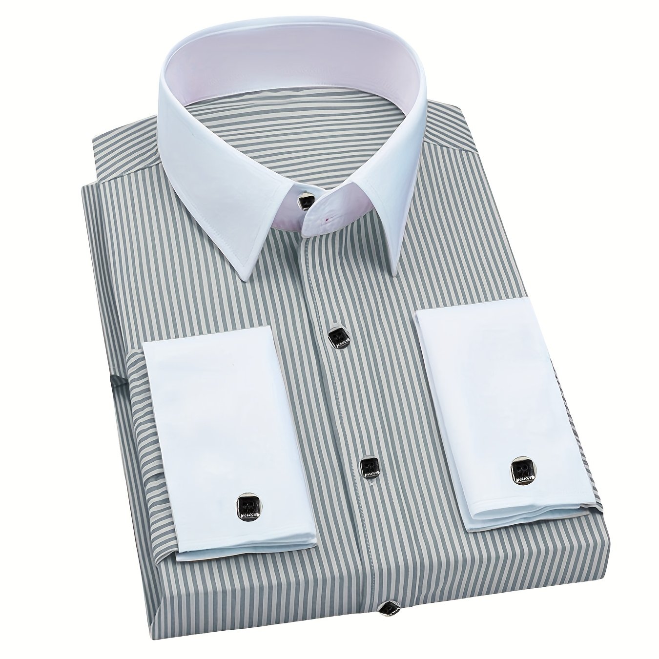 Showlu men's slim fit striped formal shirt with French cuffs, made of polyester, stylish for professional or dressy occasions.