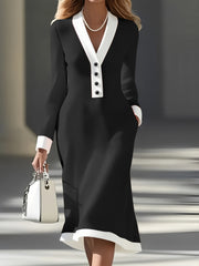 Elegant Women's V-Neck Midi Dress with Contrast Black Trim & Pockets - Long Sleeve A-Line Skirt, Button Detail, Machine Washable Work Commute Dress for Spring Summer Fall, Nontransparent Material, Medium Elasticity Fabric, Of