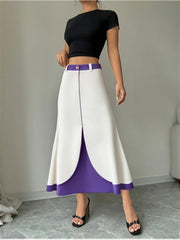 Elegant Color-Block A-Line Skirt - Purple & White Polyester-Spandex Blend, Structured Non-Stretch Fabric, Machine Washable, Button Closure, All-Season Versatile Office to Casual Wear