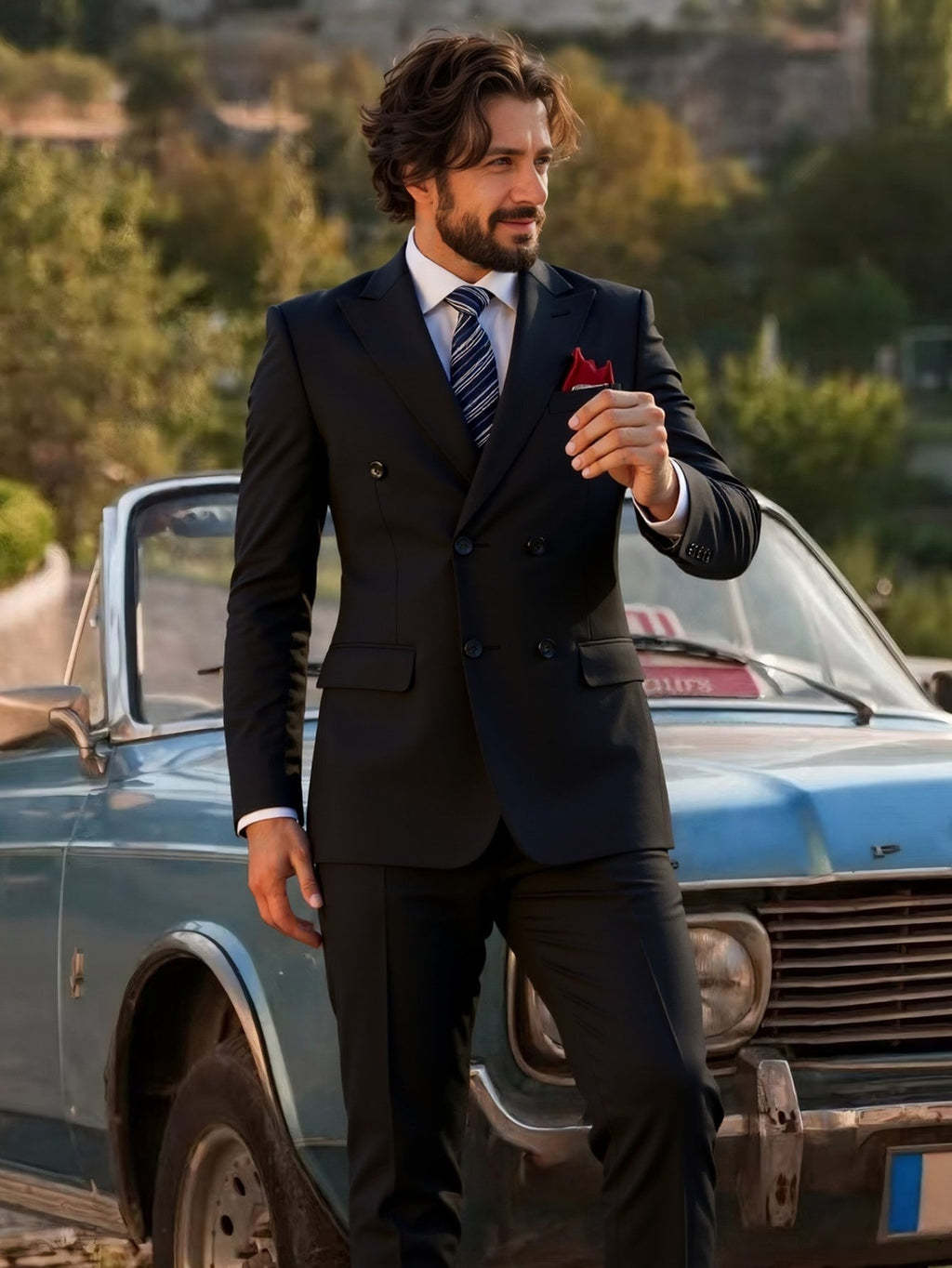 SHOWLU Men's double-breasted slim fit tuxedo suit with peak lapel, tailored for formal occasions, featuring classic black fabric.