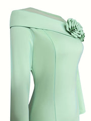 [Mint Green Dress] Polyester Elegant Mint Green Off-Shoulder Long Sleeve Bodycon Dress | Floral Embellishments, Perfect for Adult Women, All-Season Wear, Formal Evening Gown