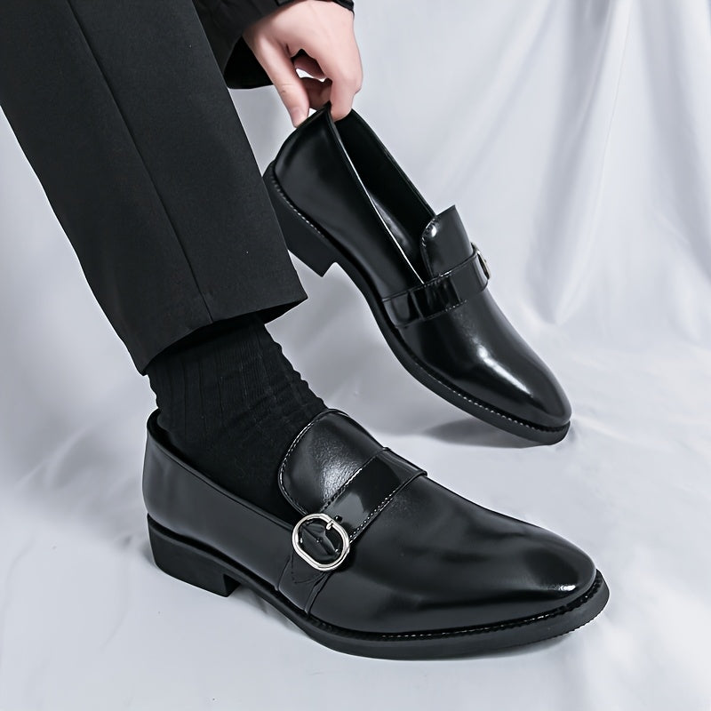 SHOWLU Men's glossy faux leather pointed-toe loafers slip-on dress shoes, stylish and sleek for formal or business wear.