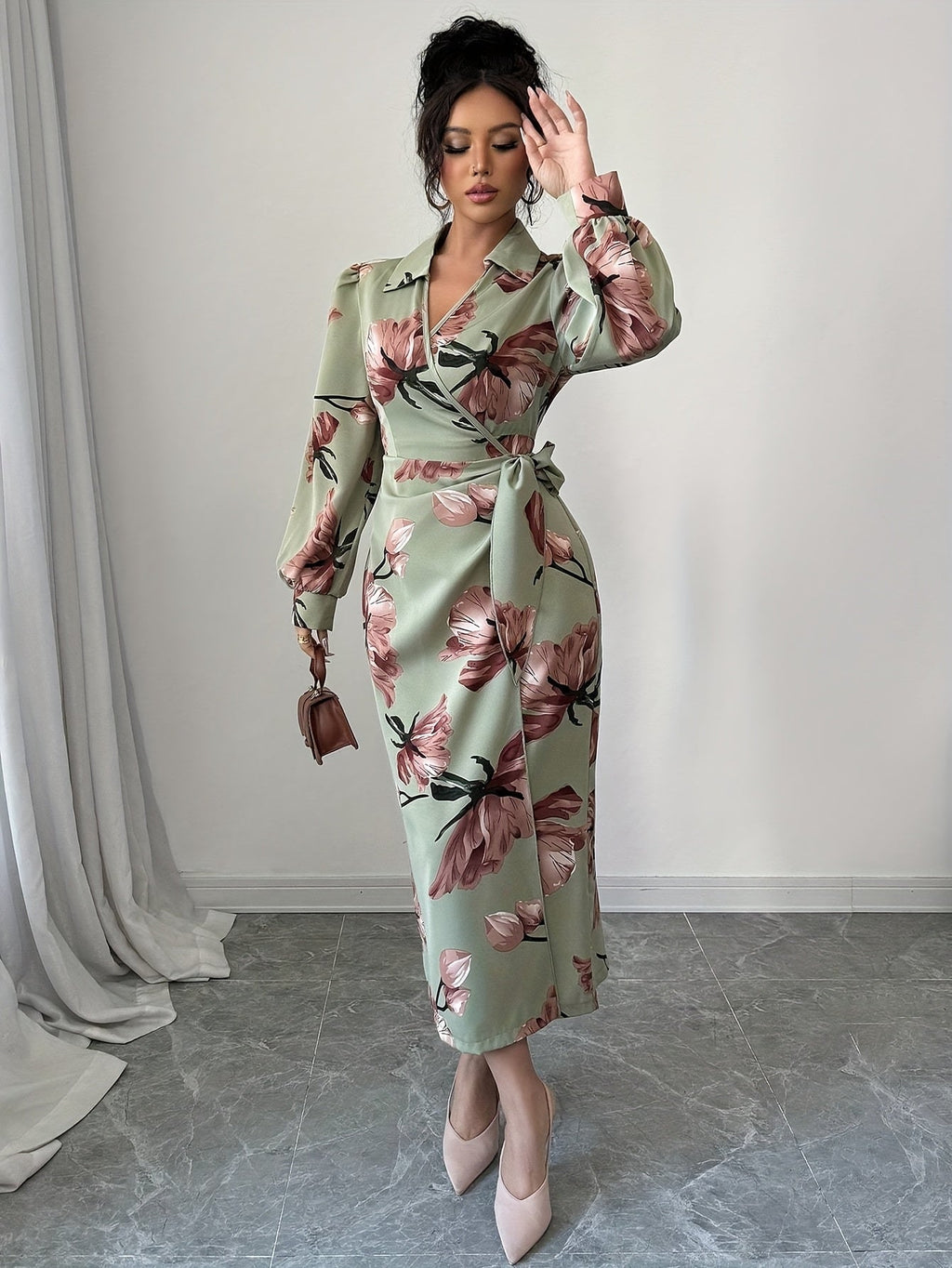 SHOWLU FASHION floral V-neck midi dress with long lantern sleeves and bodycon fit, perfect for stylish occasions.