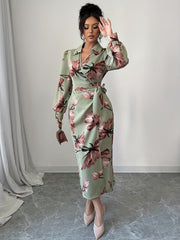 [Elegant French Dress] Elegant V-Neck French Floral Print Dress | Mid-Length Lace-Up Bodycon Midi Dress for Women - Perfect for Spring/Fall Commute & Vacation