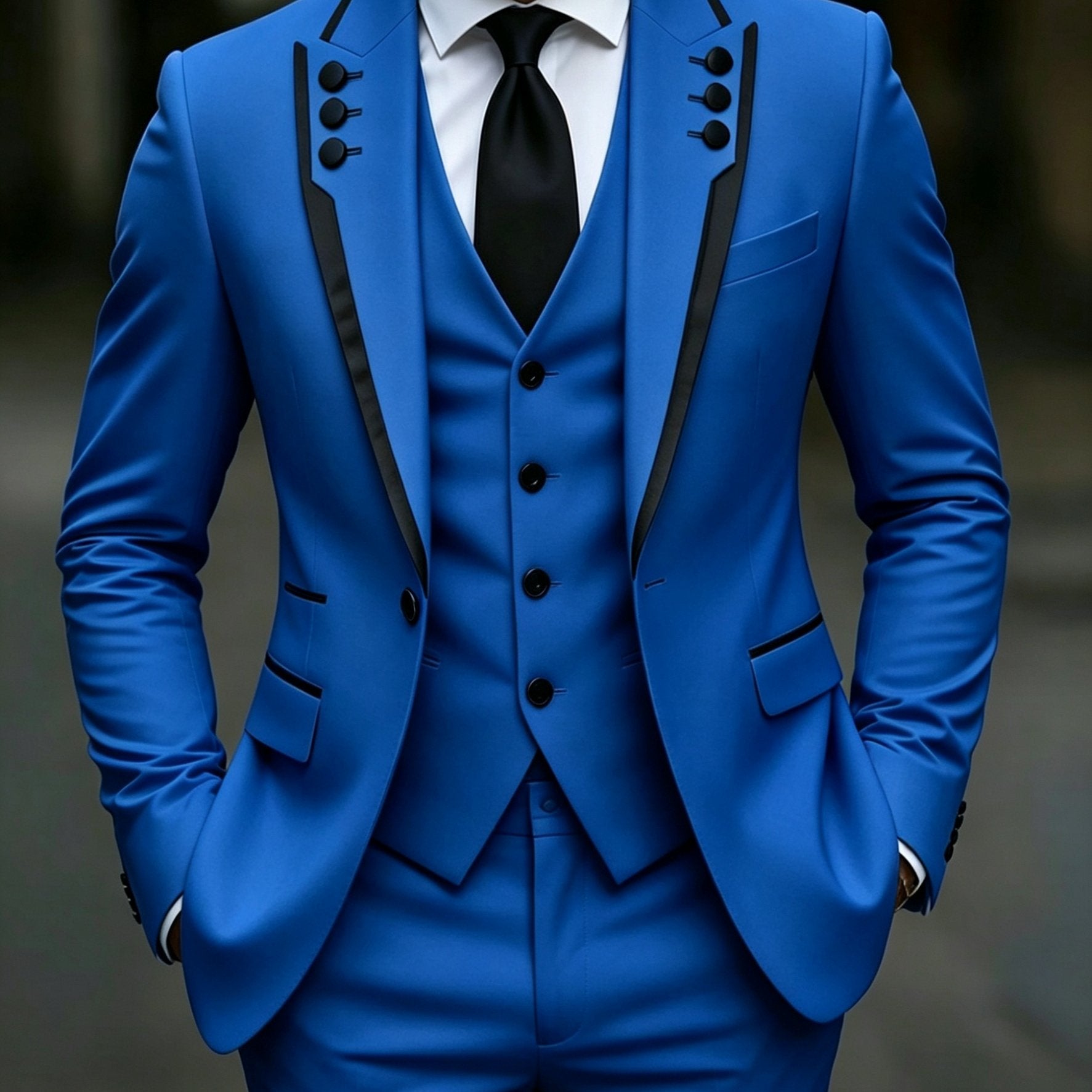 Men's black lapel fringed 3-piece suit set by Showlu Smart General, formal party or wedding attire with stylish fringed details.