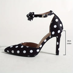 Women's Elegant Polka Dot Stiletto Heel Sandals with Ankle Strap & Bow Detail - Breathable Fabric Upper, Pointed Toe, Comfortable Block Heel for Summer, Office, Parties, Weddings, High Heel Sandals, Party Footwear, Manmade Co