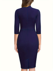Stunning Three-Quarter Sleeve Sheath Dress - Elegant Tie-Neck Design, Draped Silhouette, Comfortable Wear for Spring & Summer - Women's Classic Clothing for Daily Life, Outdoor Events, and Work