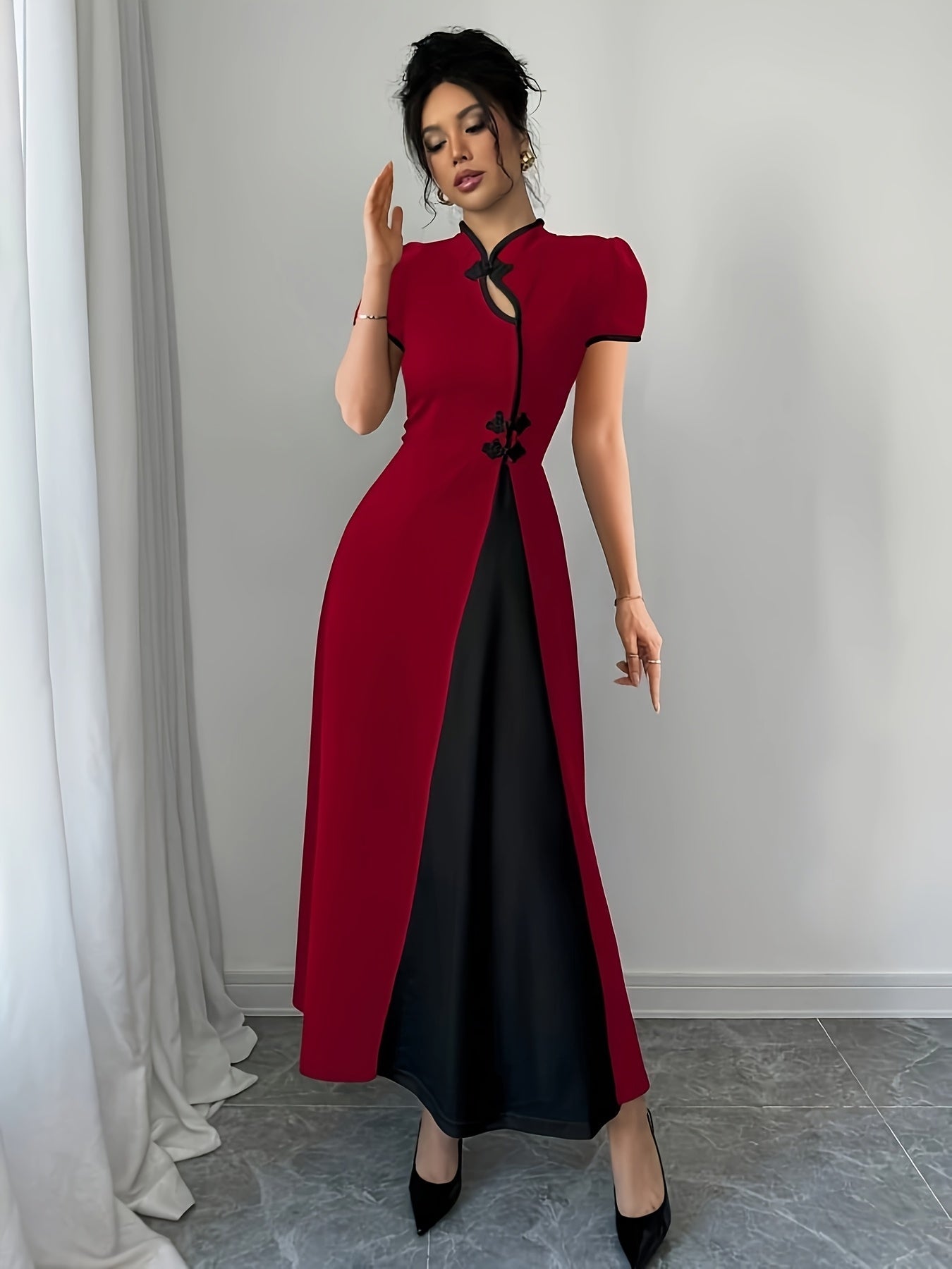 Elegant women's V-neck fitted knit dress in solid color by SHOWLU FASHION, featuring a sleek silhouette and soft fabric.