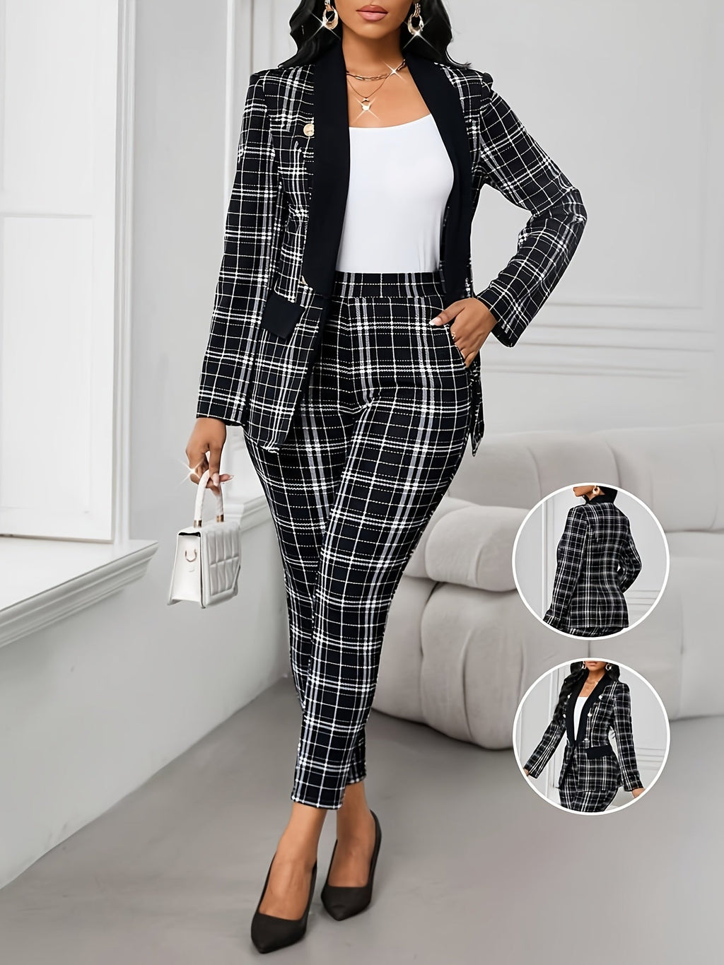 SHOWLU FASHION Women's black and white geometric plaid blazer and matching pants set, styled on a model.
