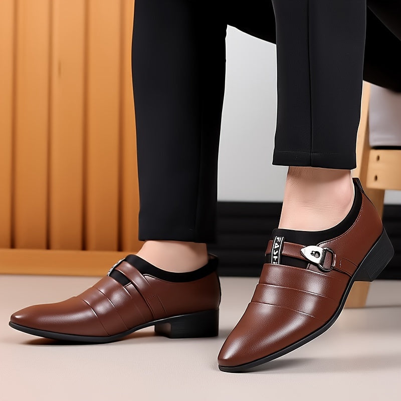SHOWLU Men's pointed toe formal shoes in solid black PU leather, stylish business footwear with sleek design.