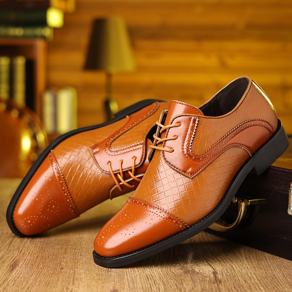 SHOWLU Men's plaid formal shoes with pointed toe and lace-up design, stylish business oxford shoes for men