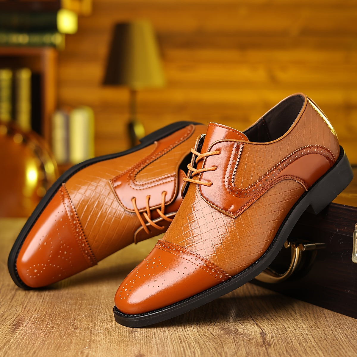 SHOWLU Men's plaid formal shoes with pointed toe and lace-up design, stylish business oxford shoes for men