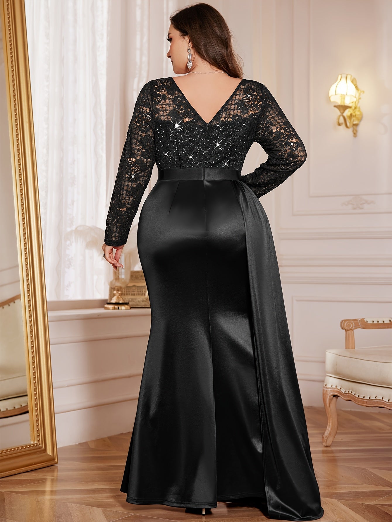 SHOWLU FASHION sequin lace V-neck long sleeve plus size mermaid gown displayed on hanger with intricate lace and shimmering sequins