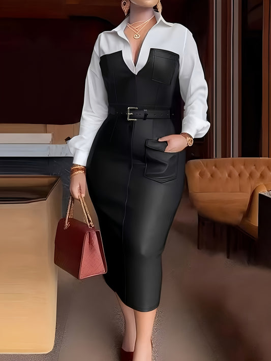 Elegant European and American Style Solid Color Patchwork Long Sleeve Dress for Women