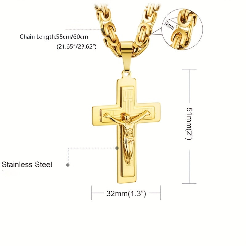 Showlu men's stainless steel trident cross pendant necklace, featuring a detailed cross design on a sleek chain.