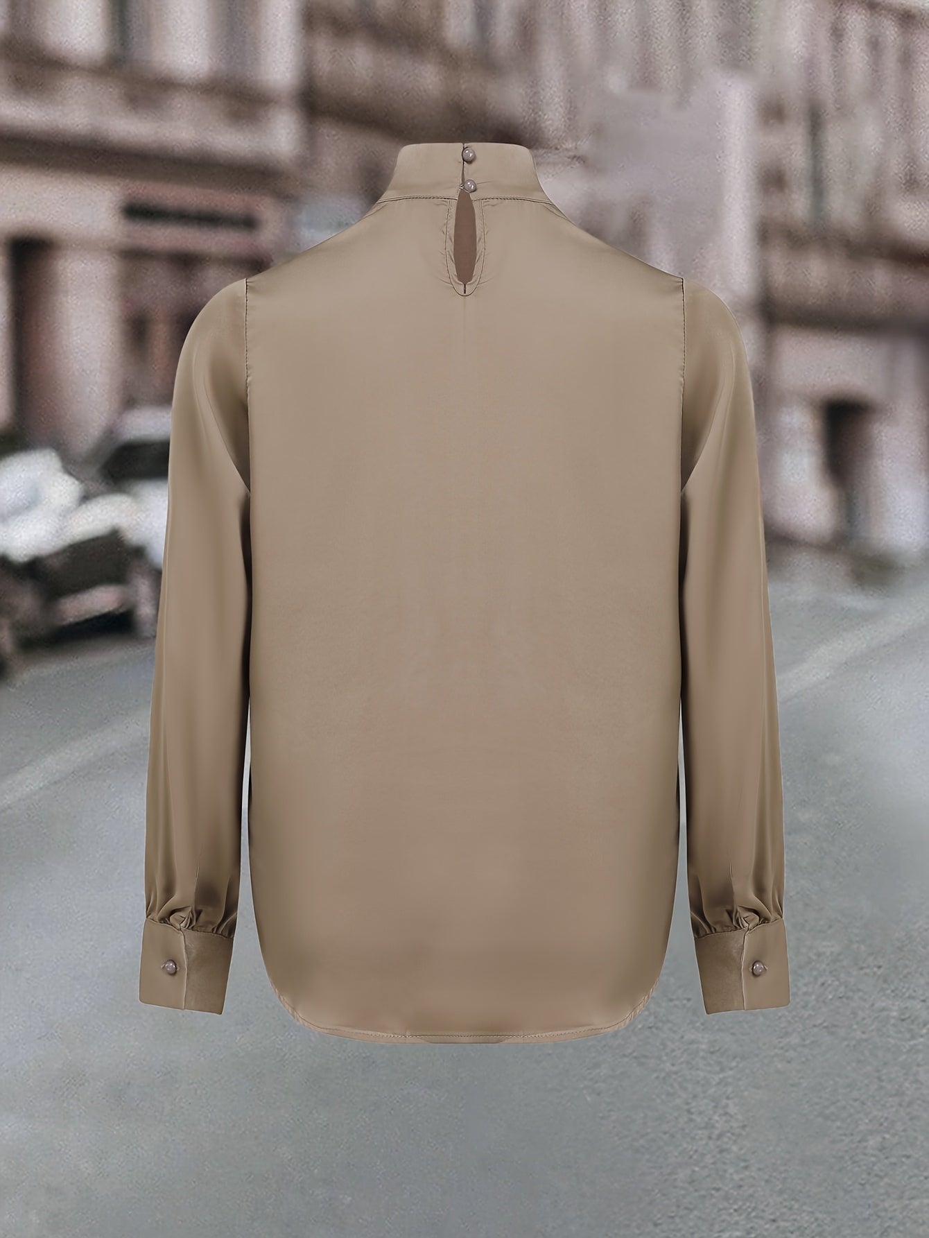 Champagne satin high-neck lace-up long sleeve shirt by SHOWLU FASHION, stylish and elegant with a fitted design.