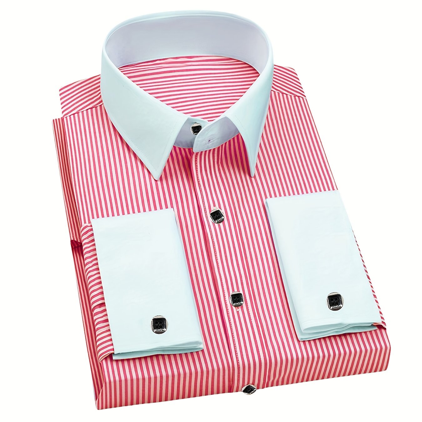 Showlu men's slim fit striped formal shirt with French cuffs, made from polyester, displayed on a hanger.
