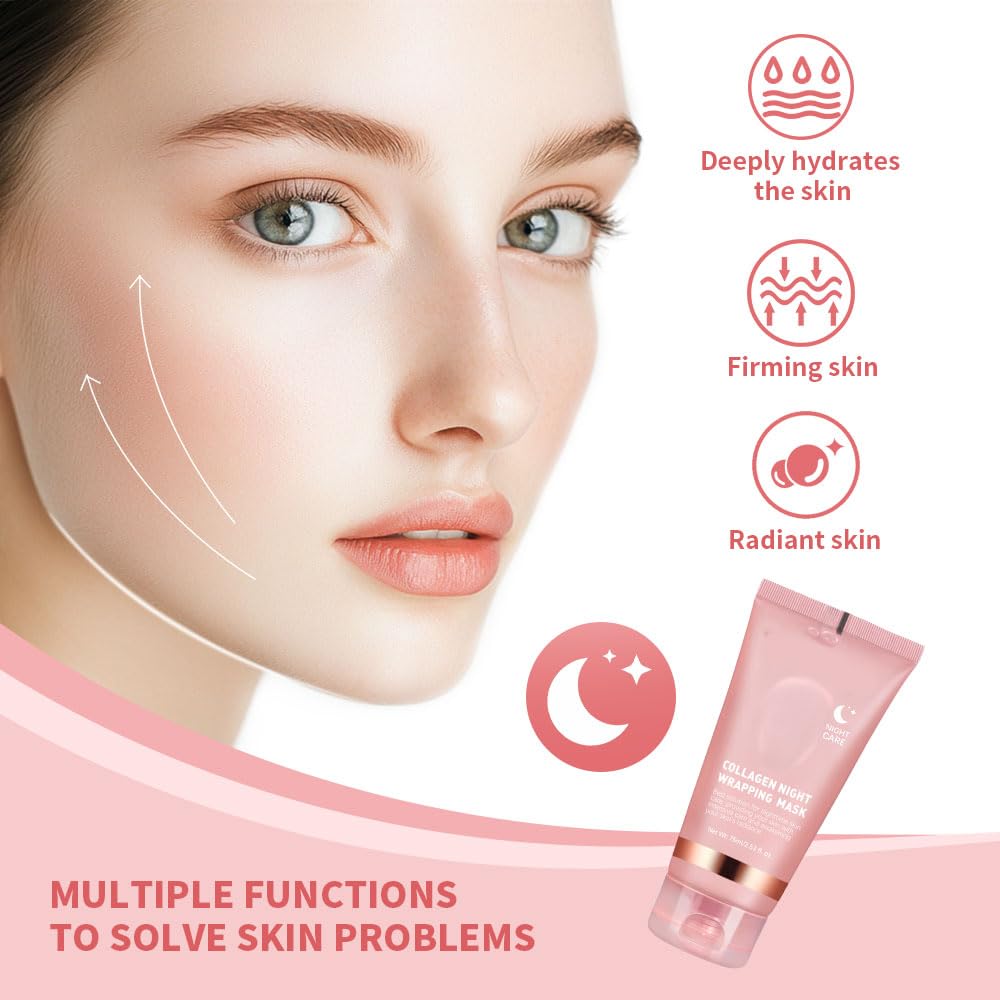Stone's Store collagen peel-off mask applied on a woman's face, showcasing smooth, clear skin and the product's gel-like texture.