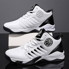 Men's High-Top Basketball Shoes - Stylish & Sporty, Breathable Synthetic Faux Leather with Non-Slip Rubber Sole, Comfortable for Daily Wear & Athletic Activities, Black & Red with Basketball Emblem, Basketball Accessories