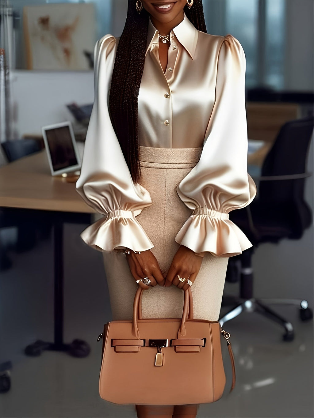 SHOWLU Women's casual ruffled collar shirt featuring a solid polyester fabric and stylish design.
