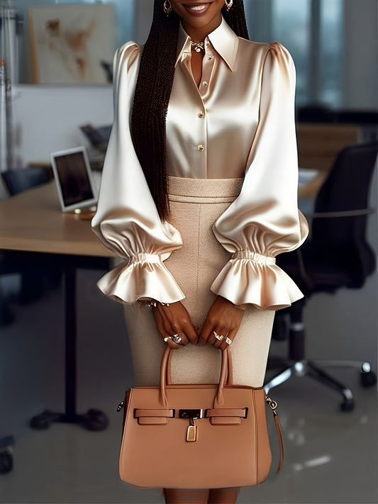 Women's Elegant Casual Shirt with Ruffled Collar & Button Front - 100% Polyester, Machine Washable, Solid Color, All-Season Versatile Top for Office & Casual Wear
