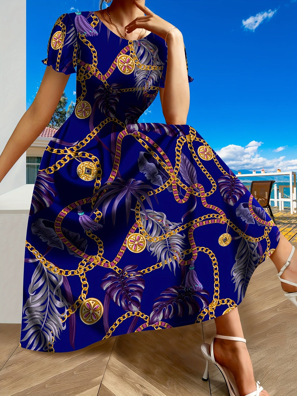 SHOWLU Women's tropical chain print A-line dress in blue and gold, featuring a flowing silhouette and vibrant pattern.
