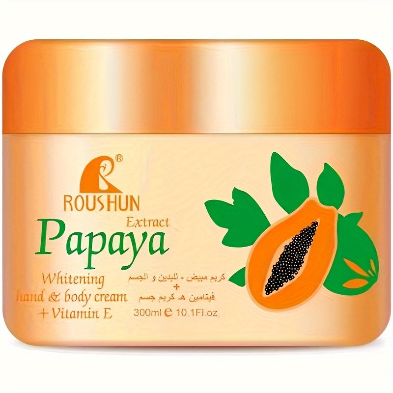 ROUSHUN Papaya Face and Body Cream with Vitamin E in a 10.14oz jar, showing the moisturizing cream for skin.