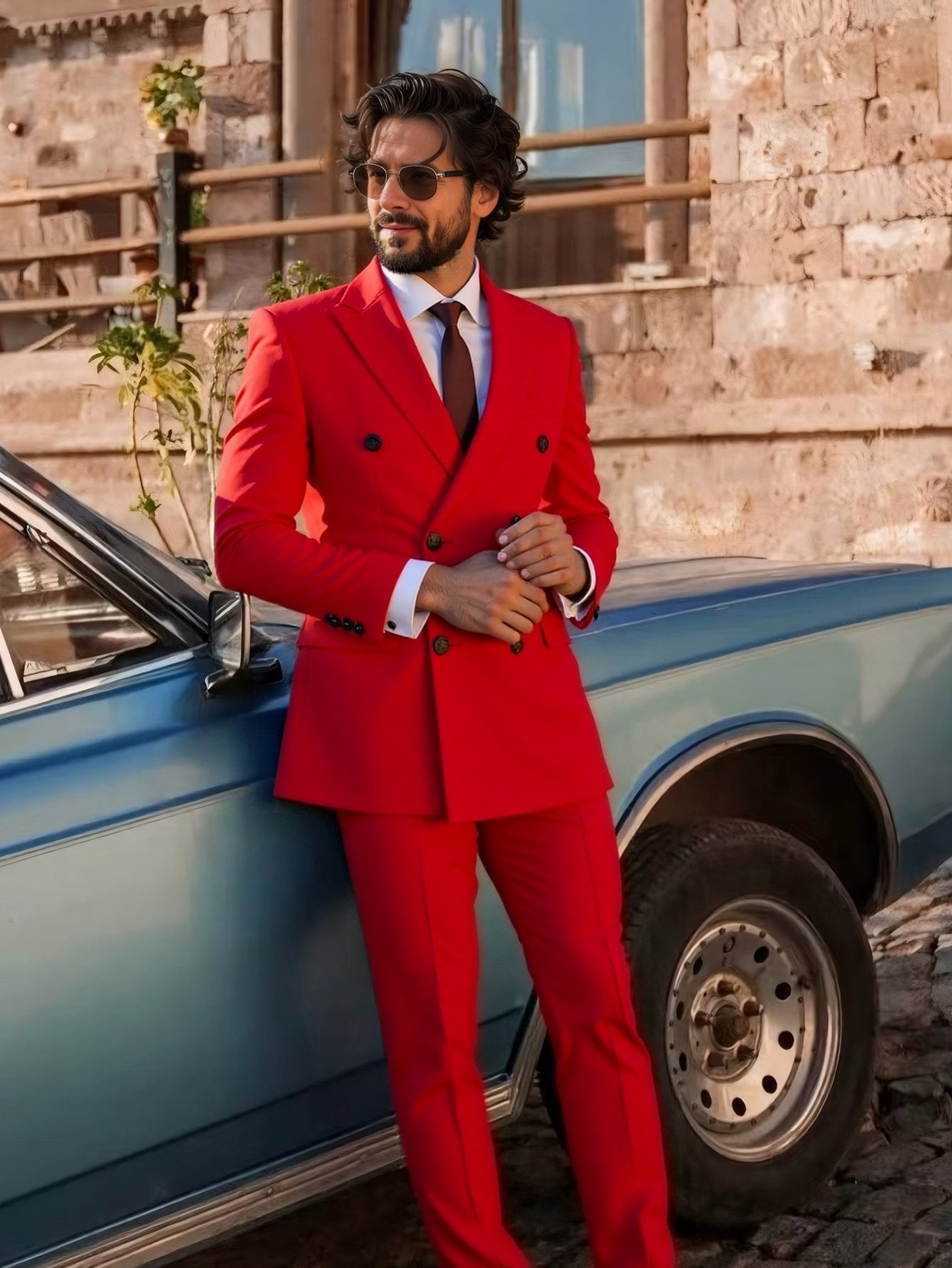 SHOWLU men's double-breasted slim fit tuxedo suit with peak lapel, tailored formal evening wear for men.