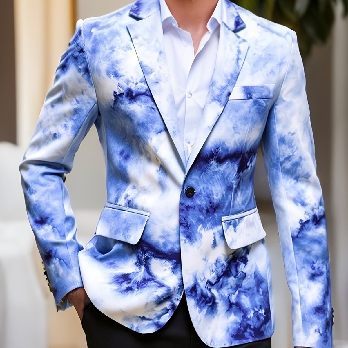 Men's gradient print skinny fit blazer with lapel collar, polyester fabric, button closure, casual style, from SHOWLU FASHION STORE.