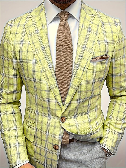 [1pc Lightweight Checkered Blazer] 1pc Men'S Casual Checkered Blazer, Lightweight Polyester Suit Jacket with Lapel Collar, Non - Stretch Fabric, Regular Fit for Spring/Autumn - Business Style - SHOWLU FASHION STORE