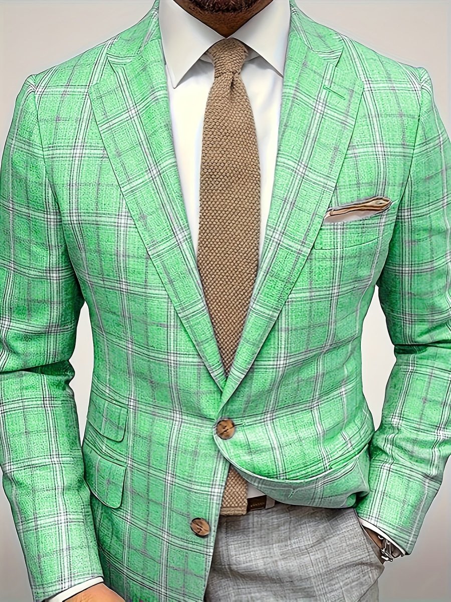Lightweight men's checkered blazer with lapel collar, regular fit, made of polyester, suitable for casual spring wear.