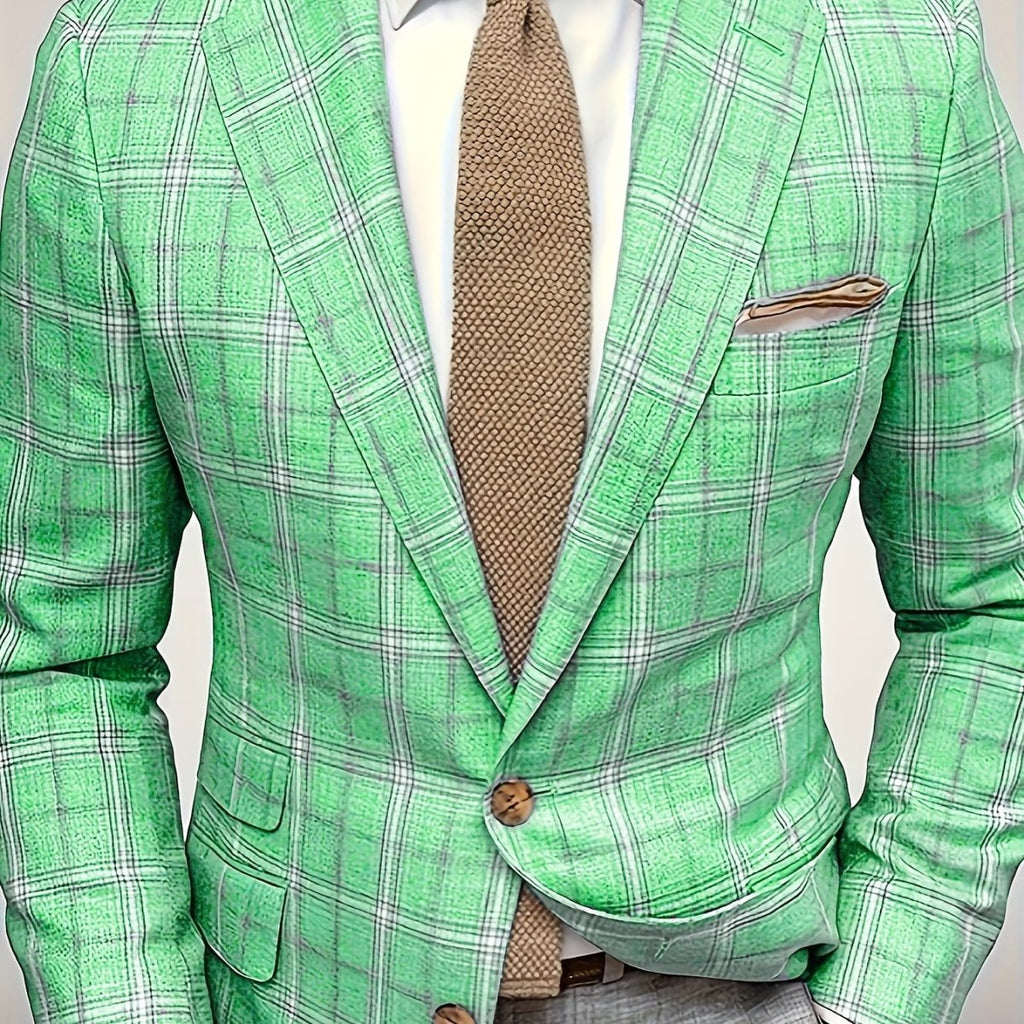 SHOWLU Men's lightweight checkered blazer with lapel collar, regular fit, polyester fabric, suitable for casual and spring wear.