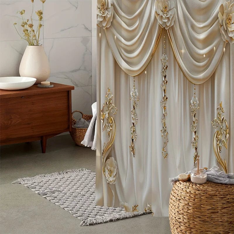 1pc Luxury Floral Drapery Pattern Shower Curtain With Hooks, Waterproof Bathroom Partition Curtain, Bathroom Accessories, Home D - SHOWLU FASHION STORE