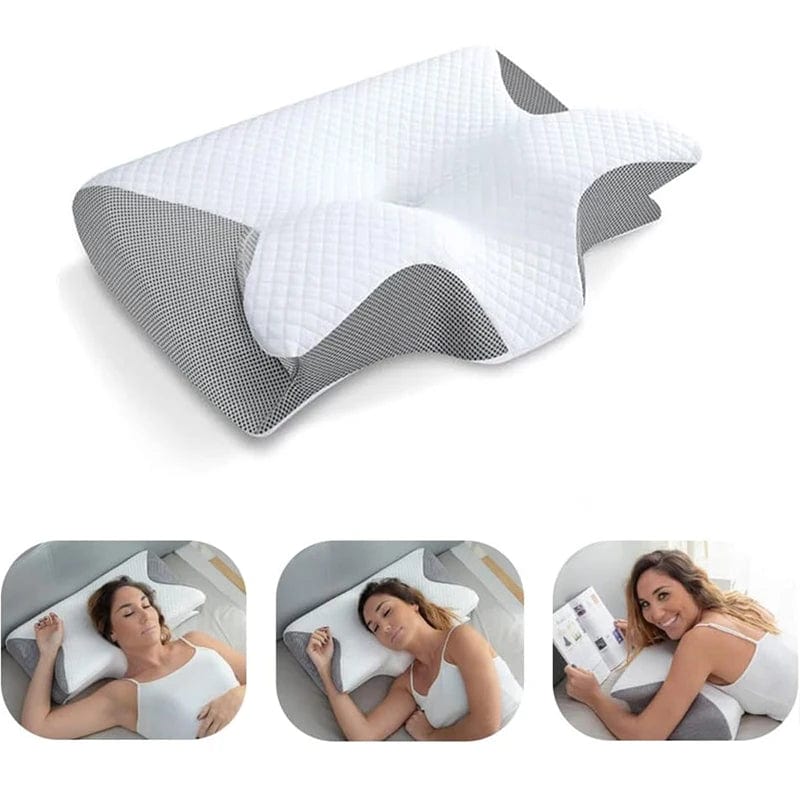 Memory foam cervical pillow by Showlu with ergonomic contour support for neck pain relief and orthopedic comfort.