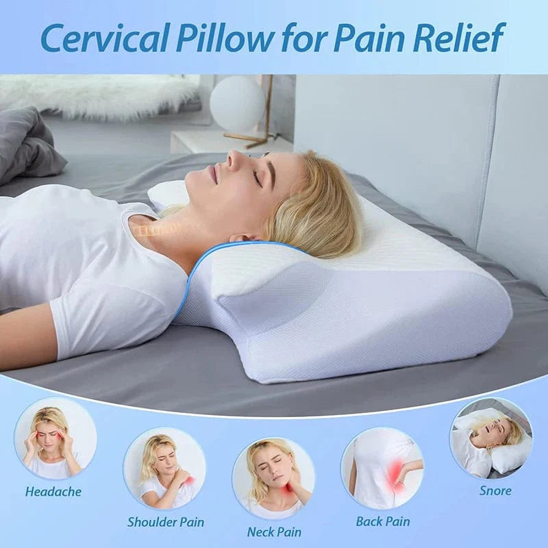 Showlu Memory Foam Cervical Pillow with ergonomic contour for orthopedic neck support and pain relief, ideal for restful sleep.